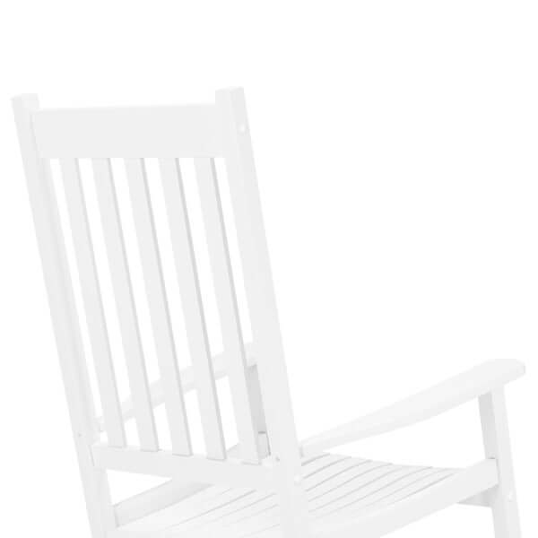 White wooden rocking chair with a classic slatted design, perfect for outdoor relaxation.