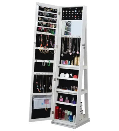 Swivel jewelry showcase mirror with organized storage for necklaces, earrings, and cosmetics, styled in modern design.