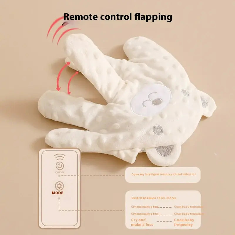 Remote control patting device for babies, mimicking soothing hand motions to calm and comfort infants.