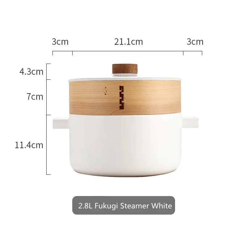 2.8L Fukugi steamer in white with wooden lid, ideal for healthy cooking and steaming, showcasing elegant design and functionality.