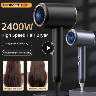 2400W high-speed hair dryer showcasing negative ion technology for smooth, shiny results with temperature display.