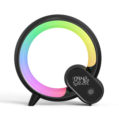 Colorful Q Light Analog Sunrise Alarm Clock with Bluetooth and digital display, featuring a unique circular design.