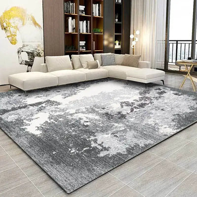 Chic Gray Abstract Mat in modern living room with stylish gray and white design, enhancing decor and functionality.