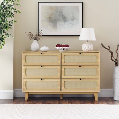 Wooden antique dresser TV cabinet in living room with decor on top, showcasing six drawers and elegant design.