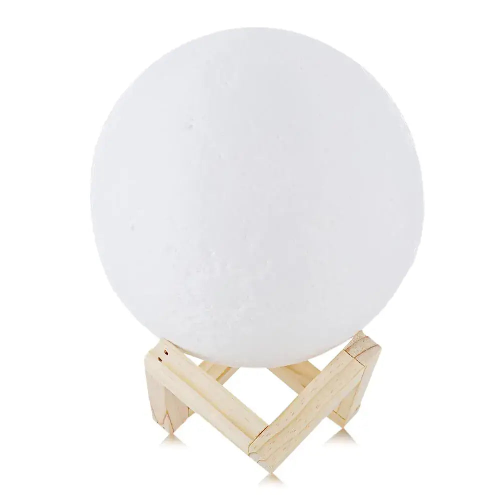 3D Touch Control Moon Lamp on a wooden stand, emits soothing light for modern home décor and relaxation.