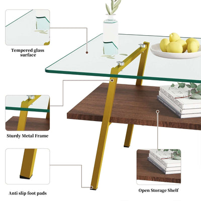 Close-up of rectangle coffee table featuring tempered glass top, sturdy gold metal frame, and open storage shelf.