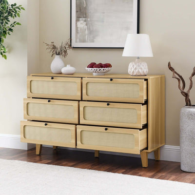 Wooden antique dresser TV cabinet with six drawers for bedroom and living room storage in a modern interior.