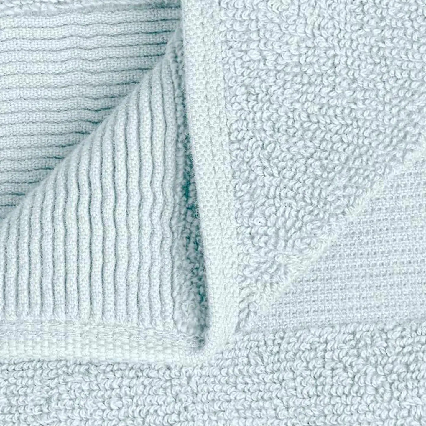 Close-up of light blue bath towel fabric showcasing its plush texture and ribbed design features.