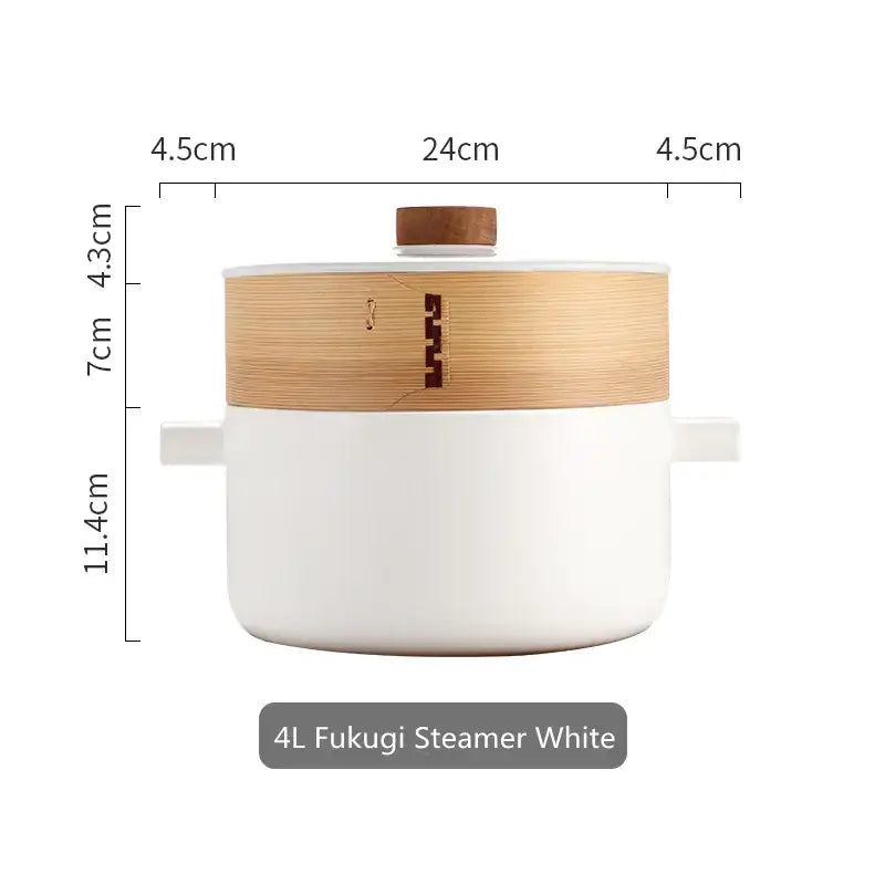 High-temperature white porcelain casserole pot with bamboo lid, designed for cooking porridge and soup.
