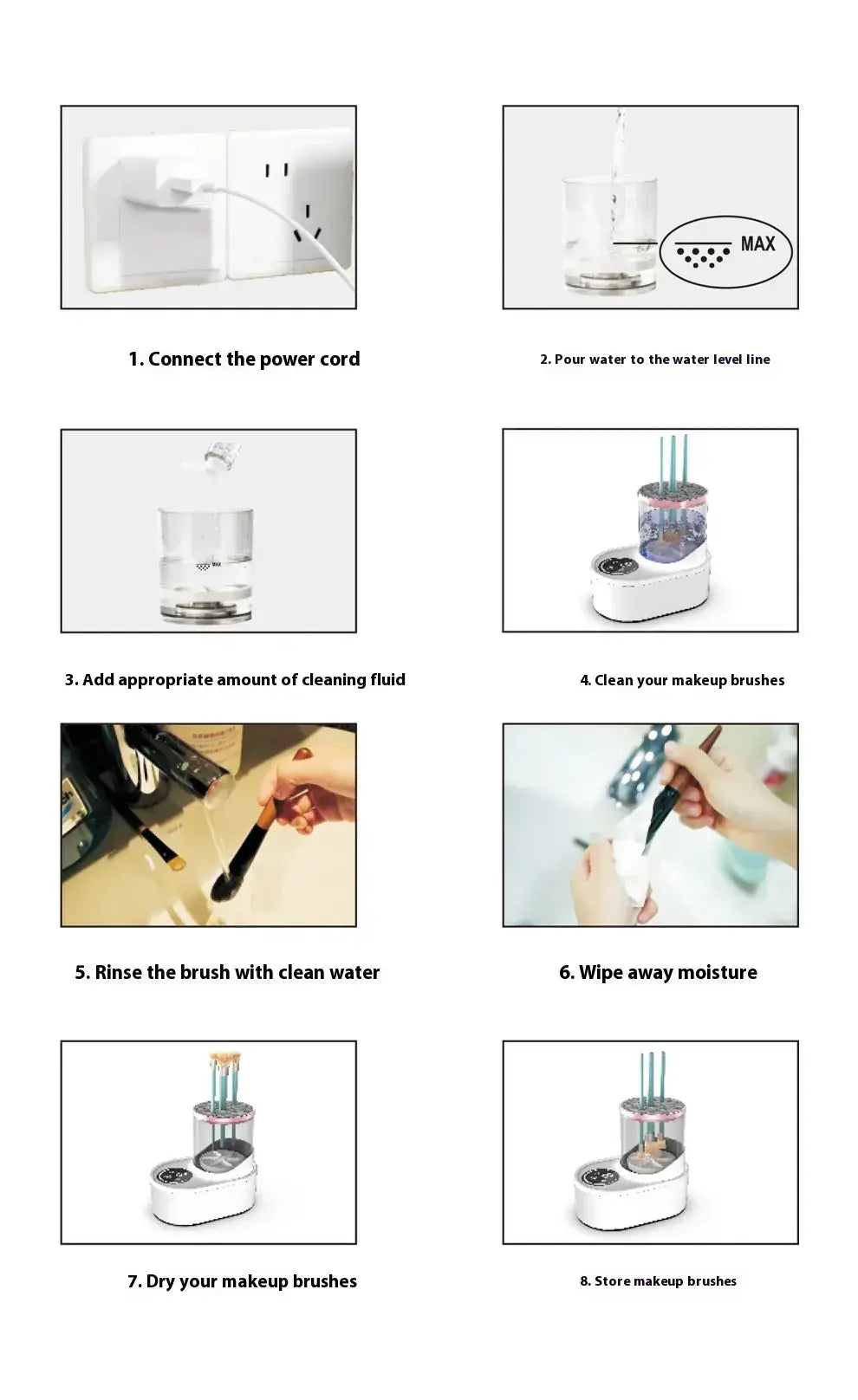 Step-by-step instructions for using the SwiftBrush Electric Makeup Brush Cleaner and Dryer.