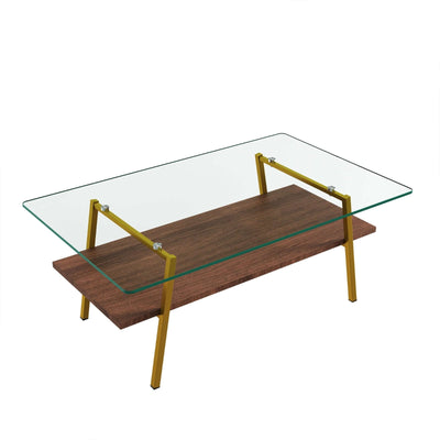 Rectangle coffee table with tempered glass top and gold metal legs, ideal for modern living room decor.