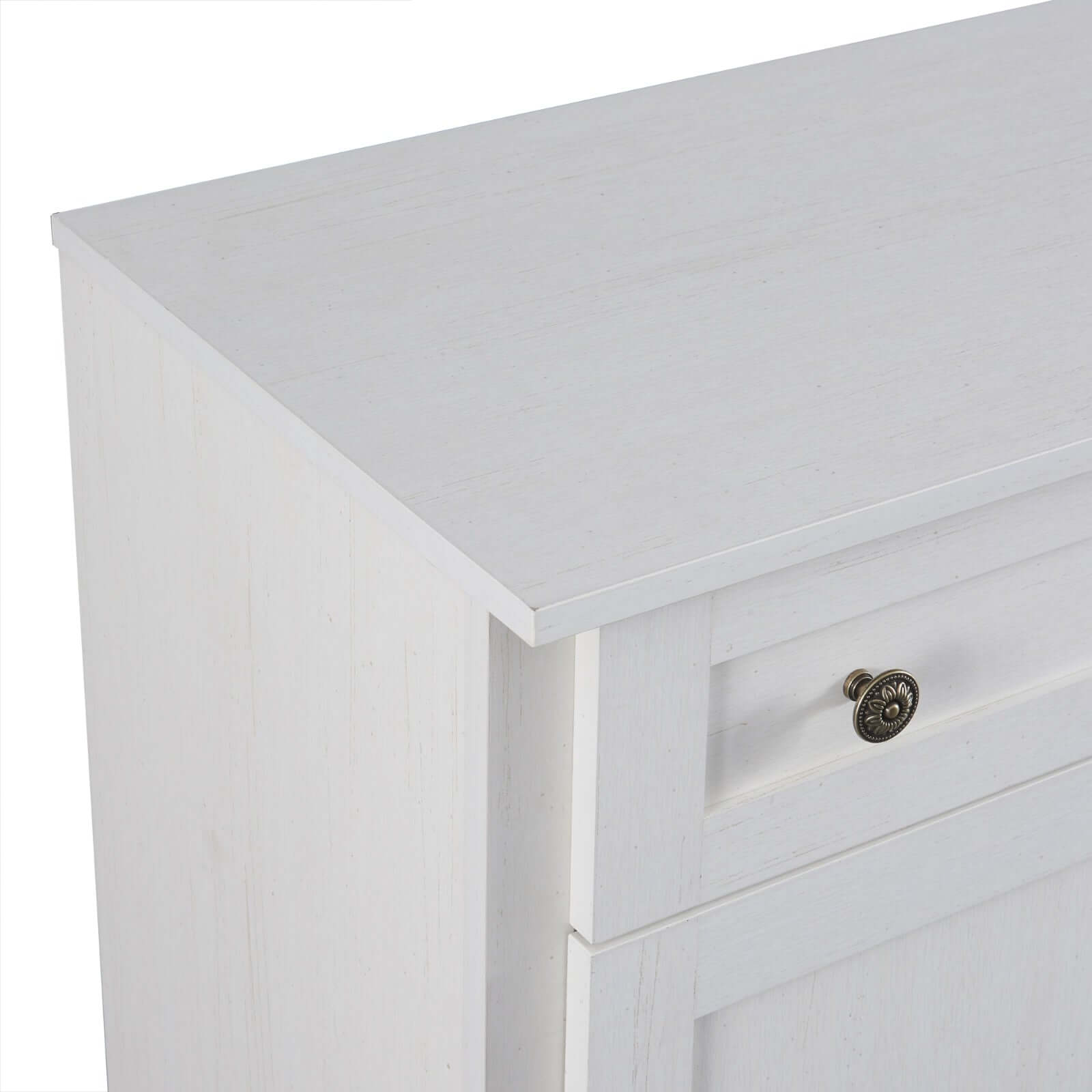 TREXM antique white kitchen sideboard top view with drawer details and classic knob hardware.