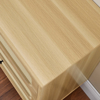 Top view of a wooden antique dresser showcasing its oak finish and sleek design for bedroom or living room storage.