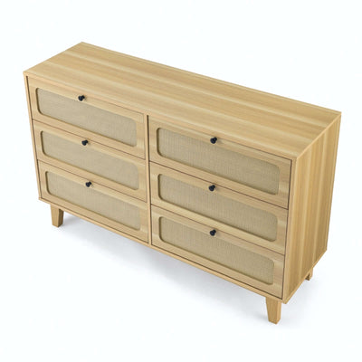 Wooden antique dresser with six drawers and rattan netting, perfect for bedroom or living room storage.