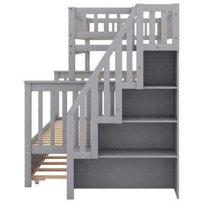 Gray staircase design for twin over full bunk bed with trundle, featuring storage shelves and wooden slats.