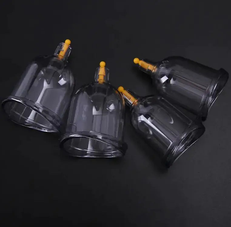 Suction therapy cupping set with four clear cups for pain relief and relaxation, featuring ergonomic design and vacuum system.