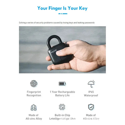 SmartKey L3 BioSecure Padlock showing fingerprint recognition technology and waterproof features.