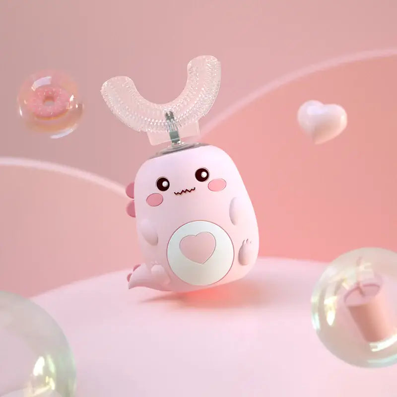 Kids' U-shaped electric toothbrush designed for fun, effective oral hygiene in children with a cute character design.