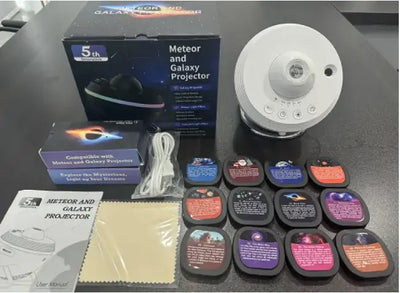 Meteor and Galaxy Projector with 13 film designs and accessories for stunning cosmic ambiance.