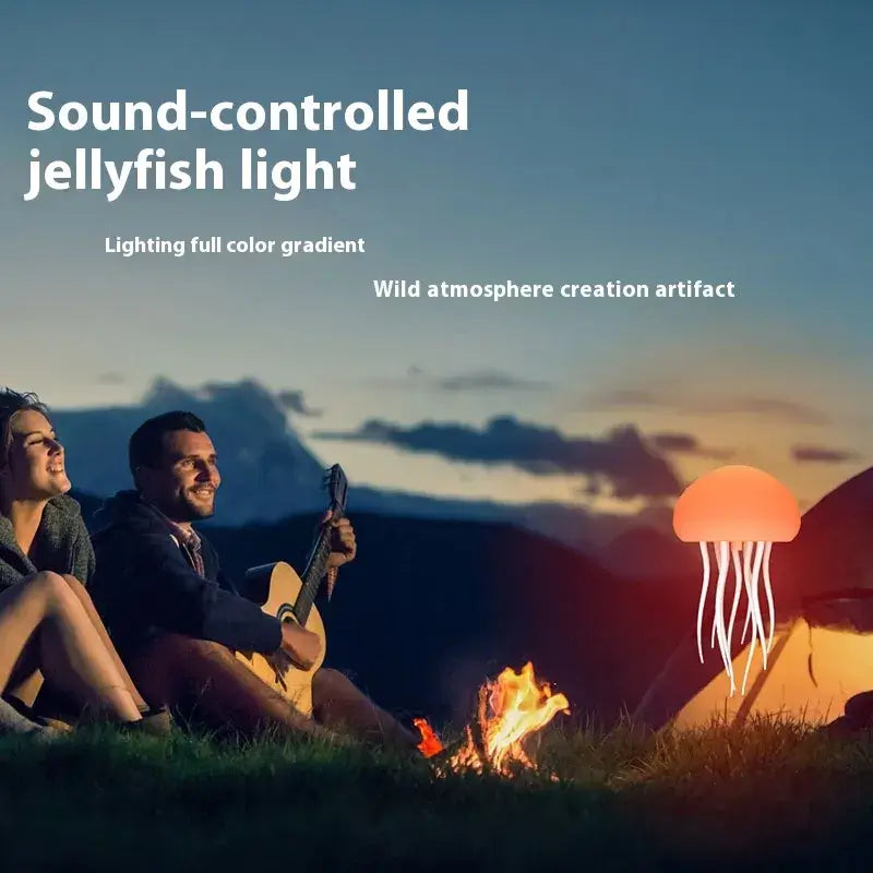 Couple enjoying a sound-controlled jellyfish light outdoors, creating a relaxing atmosphere with colorful gradients.