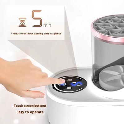 User operating the SwiftBrush Electric Cleaner & Dryer with touch screen buttons, displaying 5-minute countdown.