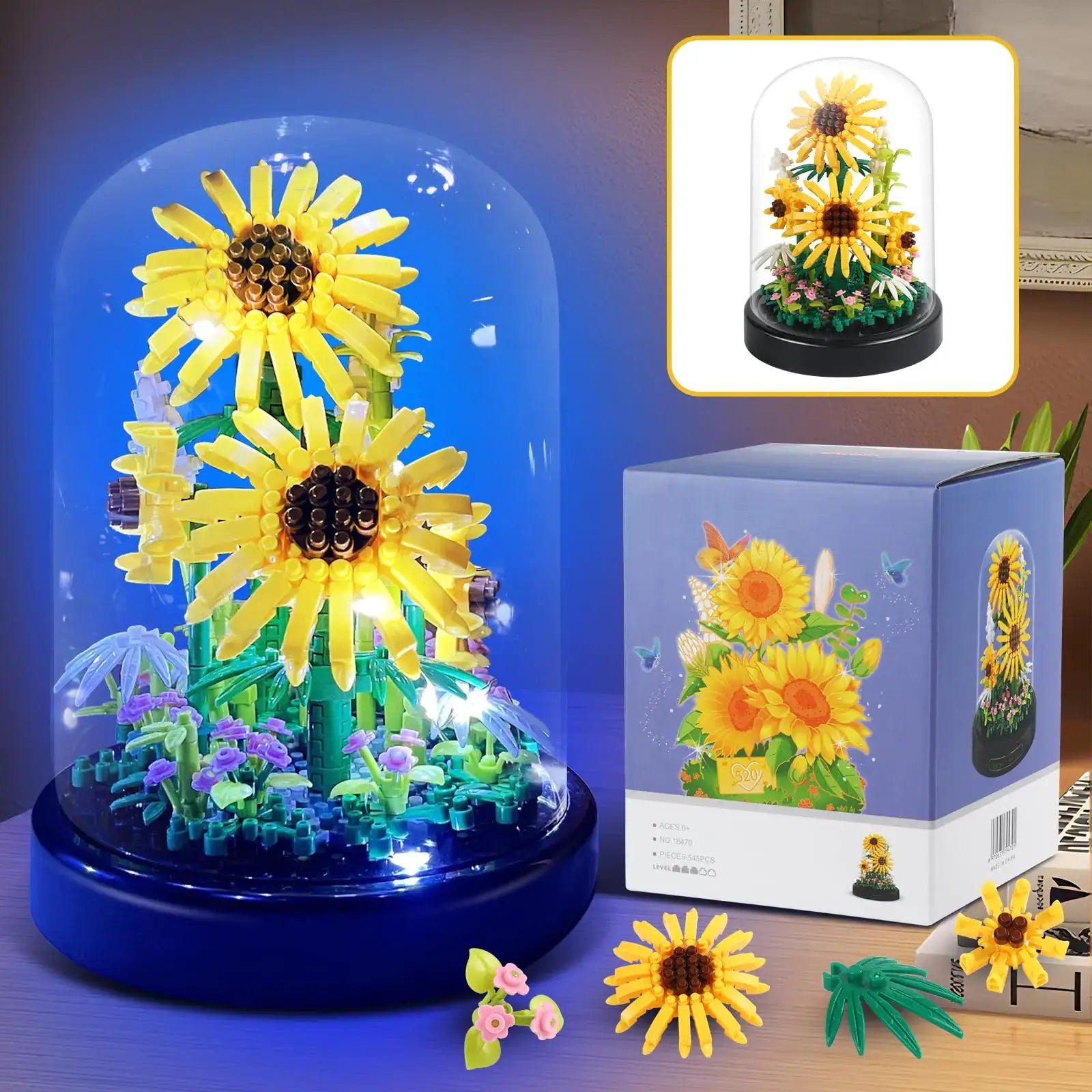 545 Pcs Sunflower Flower Bouquet Building Set in a clear dome display with vibrant yellow flowers and LED lighting.