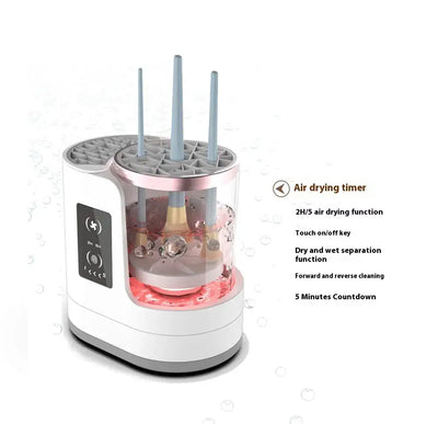 SwiftBrush Electric Cleaner & Dryer with air drying timer and transparent design for cleaning makeup brushes.