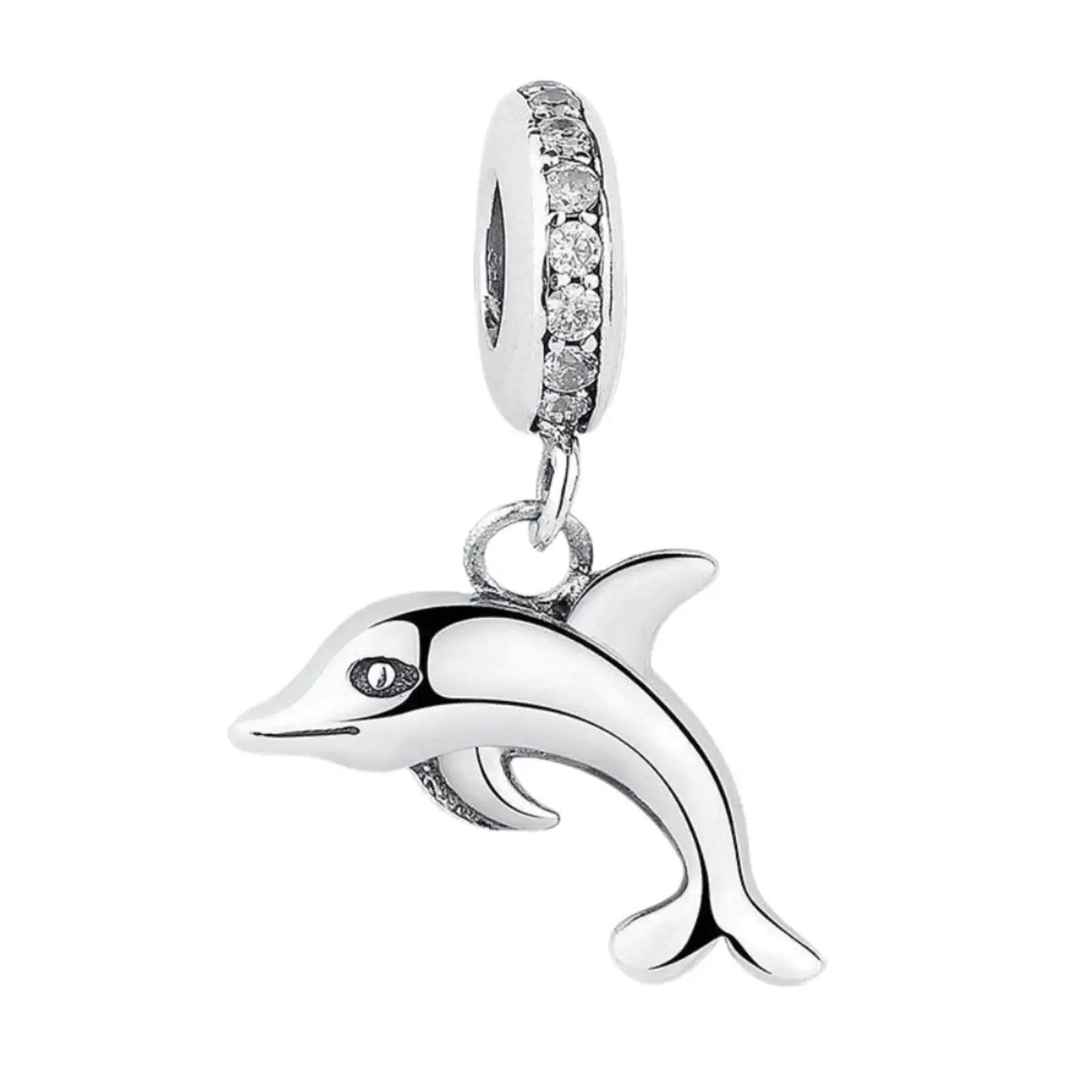 Sterling dolphin pendant charm in 925 silver with sparkling accents, perfect for personalized jewelry.