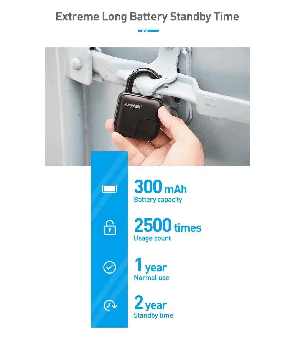 Close-up of SmartKey L3 BioSecure Padlock showcasing 300 mAh battery, 2500 uses, 1 year normal, 2 years standby.