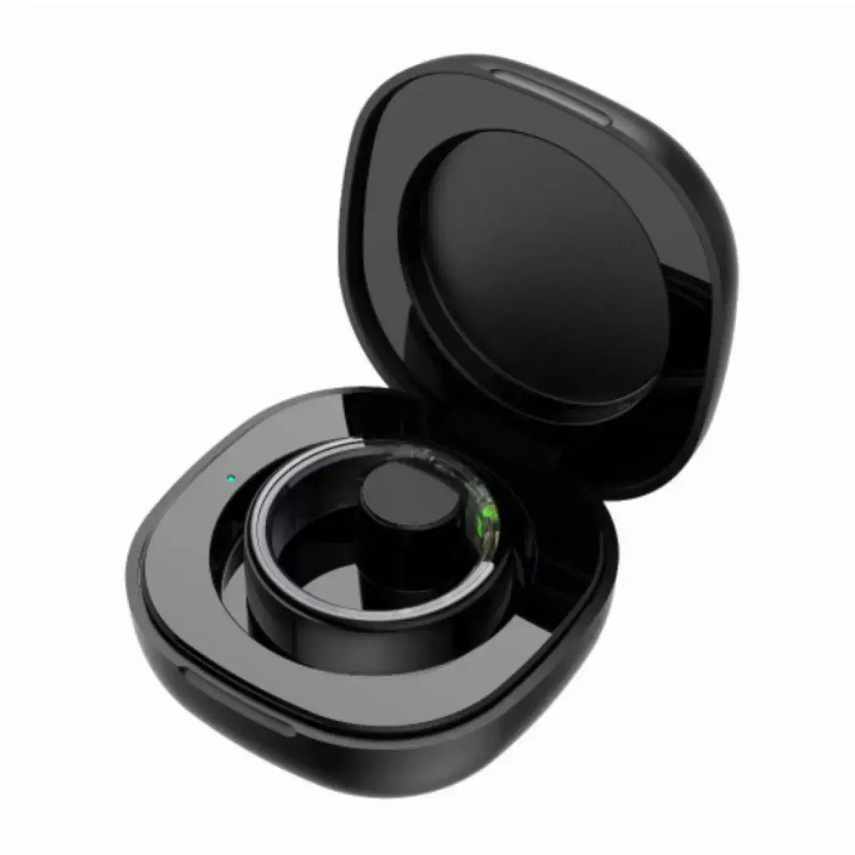Wellness tracking smart ring in a black charging case, highlighting its compact and stylish design.