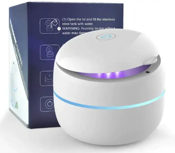 Ultrasonic UV cleaner with sleek design and blue light, packaged with instructions for use.