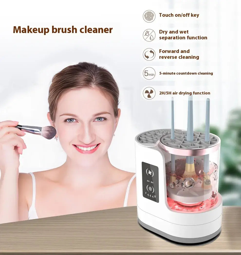 SwiftBrush Electric Brush Cleaner & Dryer with USB power, efficiently cleans and dries makeup brushes in 5 minutes.