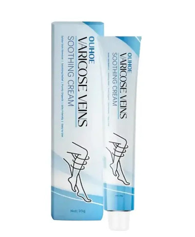 OUHOE Varicose Veins Soothing Cream packaging with tube, designed for leg pain relief and improved circulation.