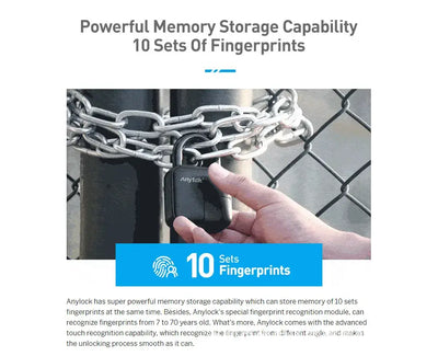 Anylock fingerprint padlock demonstrating powerful memory with 10 sets of fingerprint recognition capability.