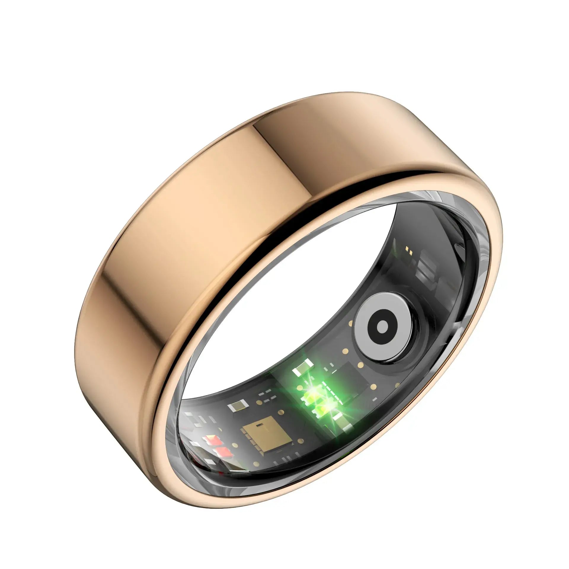 Gold wellness tracking smart ring showcasing advanced health monitoring technology inside.
