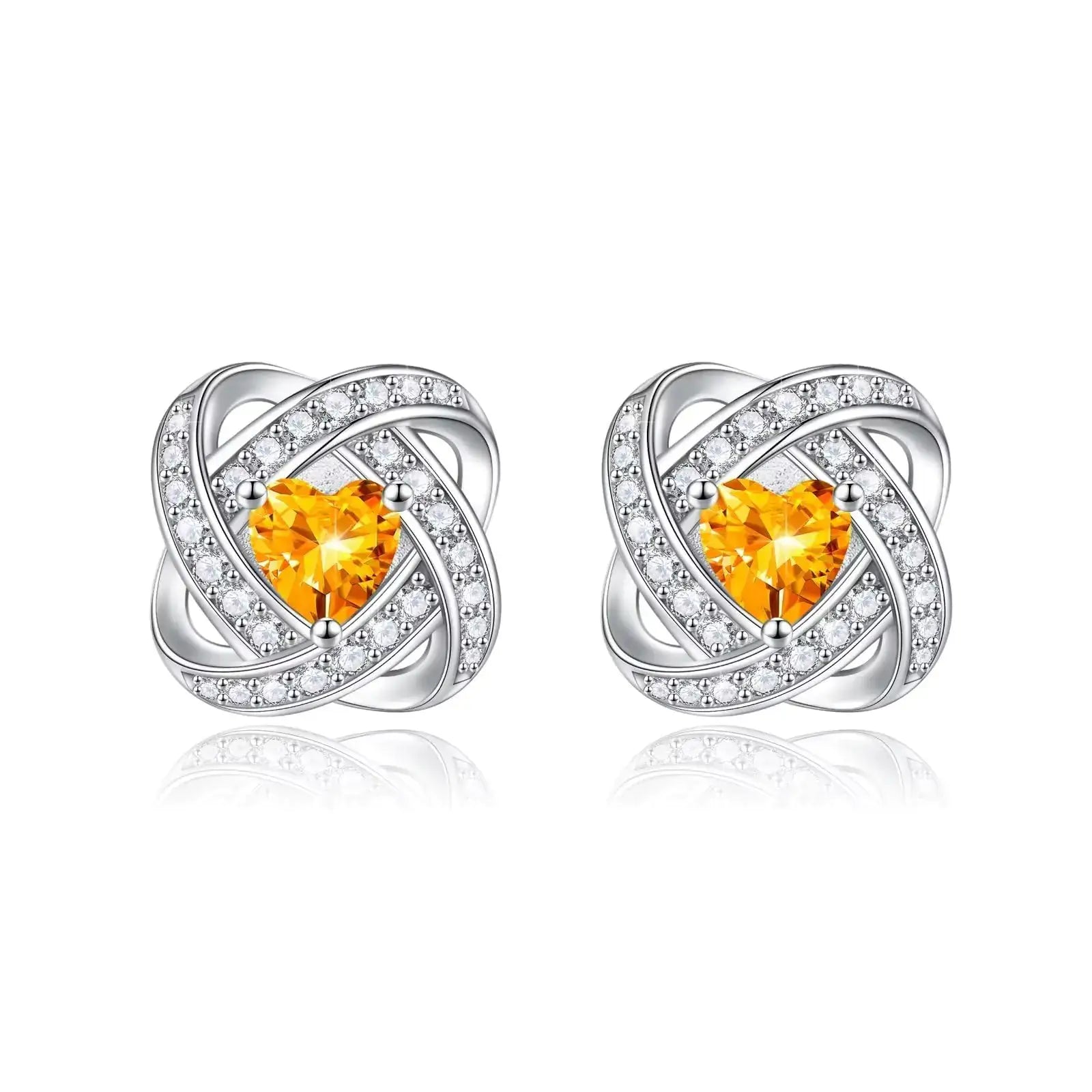November Citrine Heart Studs in Sterling Silver with cubic zirconia accents, elegant love knot design.