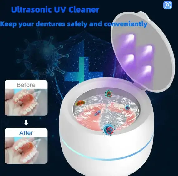 Ultrasonic UV Cleaner with before and after images, showcasing effective cleaning of dentures and elimination of germs.