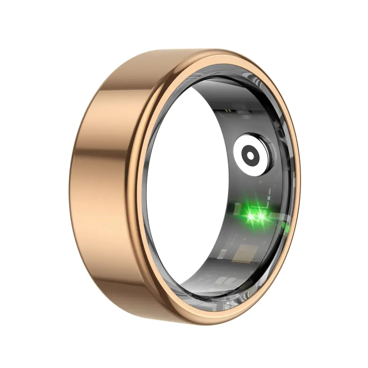 Wellness tracking smart ring in gold design, monitoring health metrics like heart rate and sleep.