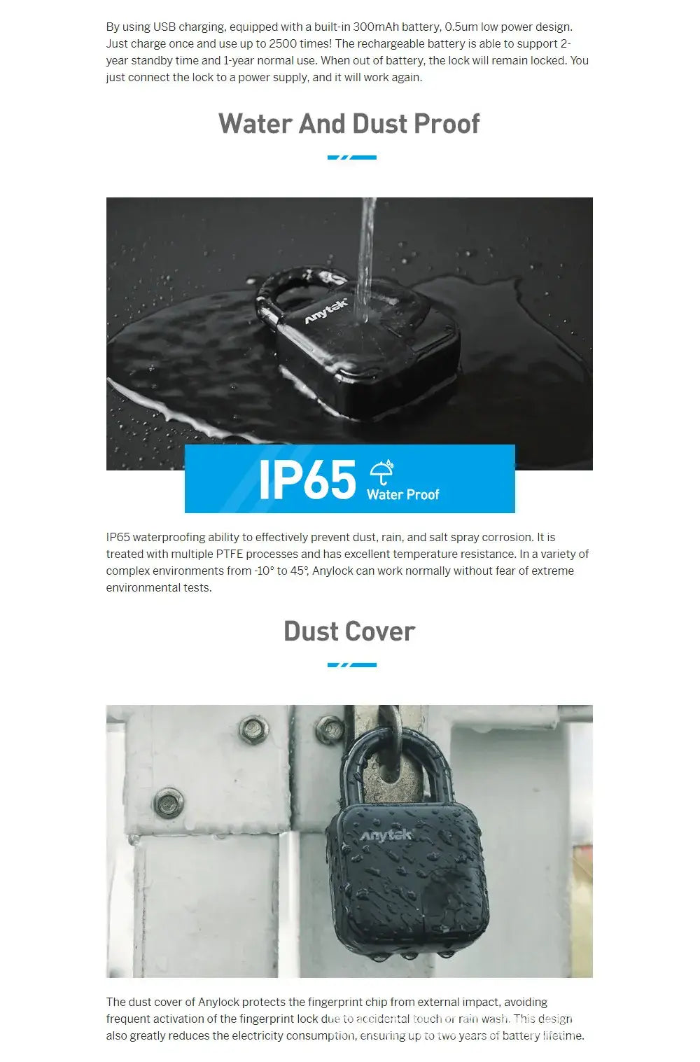 SmartKey L3 BioSecure Padlock shown in water, highlighting waterproof IP65 and dust-proof features.