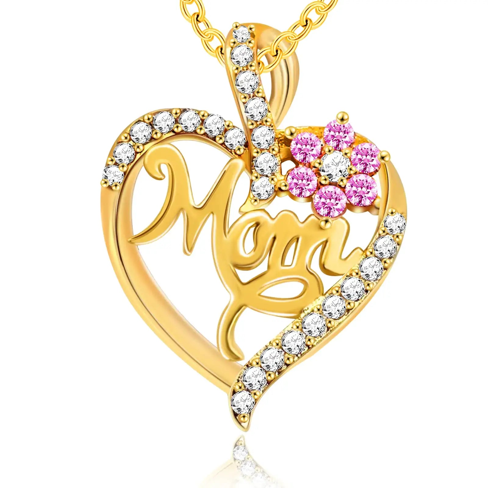 Love Heart Mom Pendant Necklace with rhinestones and pink flowers, perfect birthday gift for Mom.