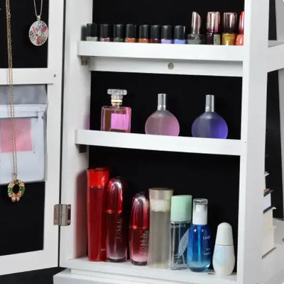 Interior view of a jewelry showcase with organized cosmetics, nail polish, and perfume bottles.