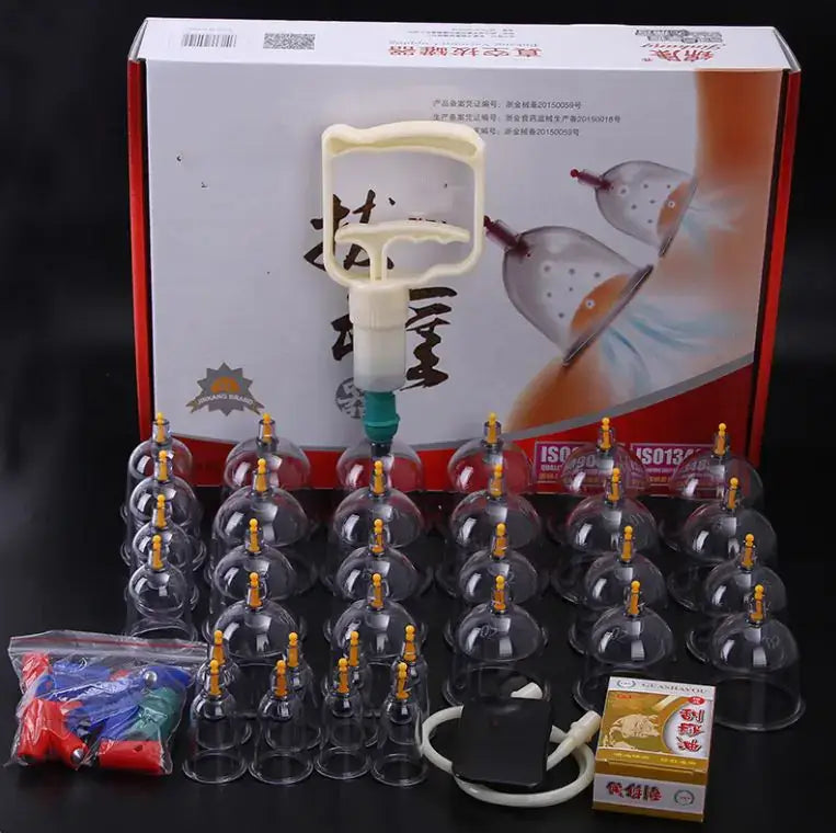 Suction therapy cupping set with vacuum device and multiple cups for pain relief and relaxation.