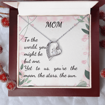 Forever Love Necklace in heart pendant and card, 'Mom, you are the moon, stars, and sun' design.