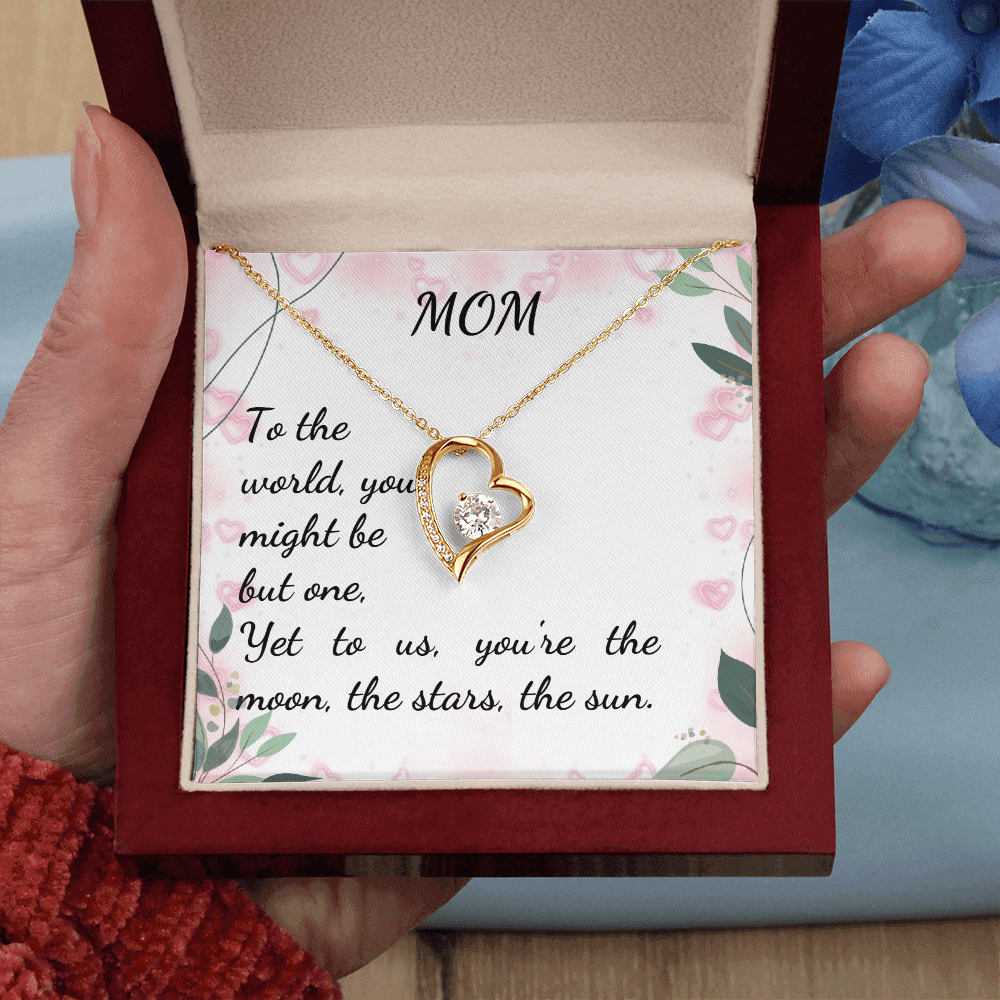 Forever Love Necklace in a red box with heartfelt Mom message, featuring a shining CZ crystal heart pendant.