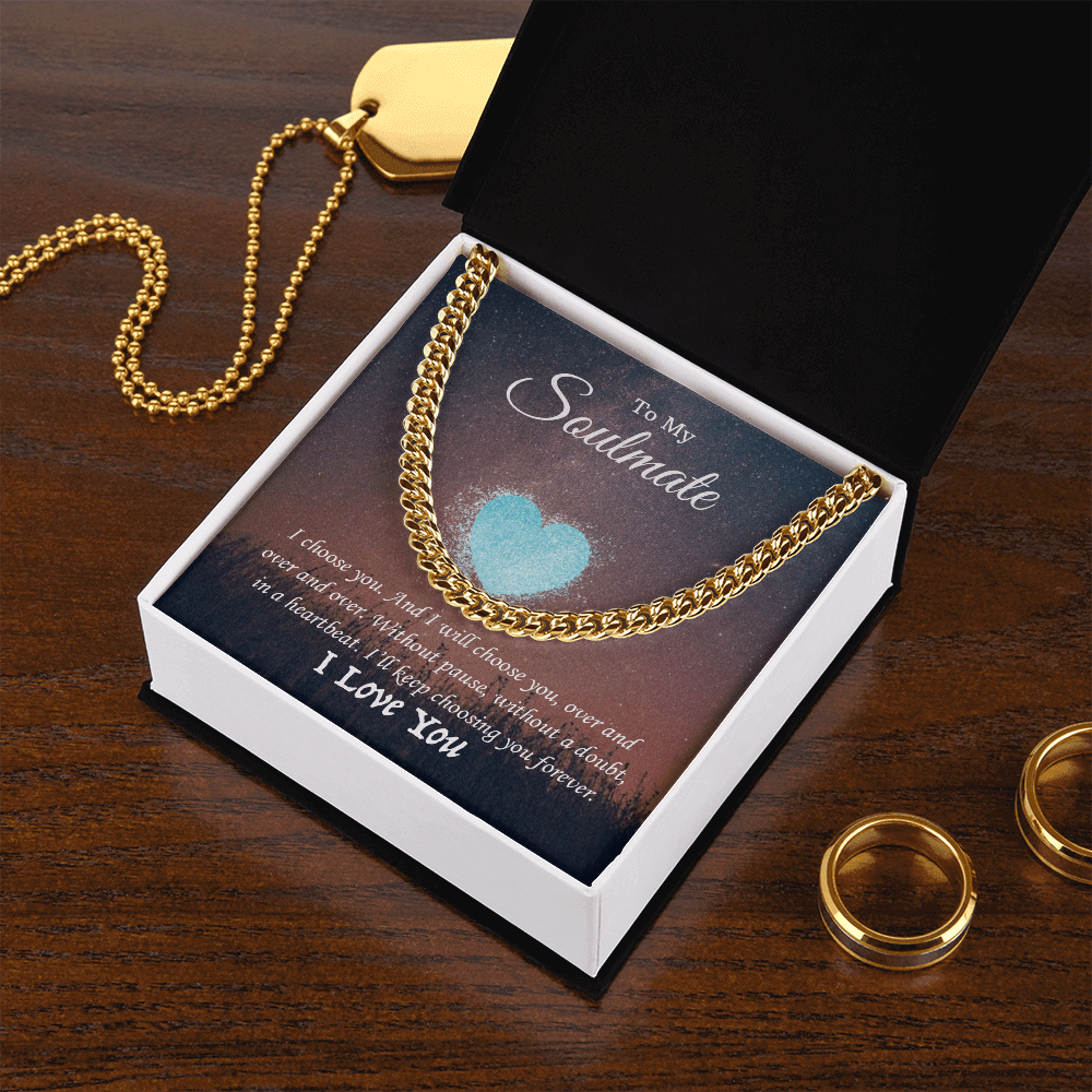 Elegant Cuban Link Chain necklace in a gift box, perfect for a soulmate with loving note.