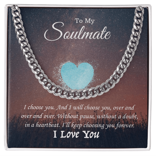 Custom Cuban Link Chain necklace with heartfelt soulmate message card, perfect gift for loved ones.