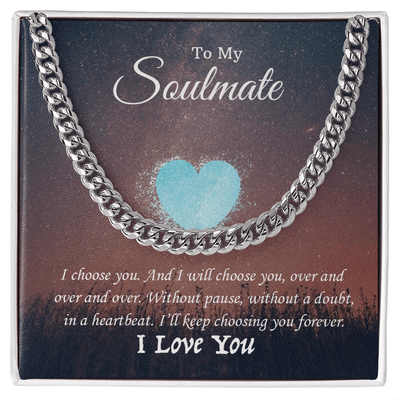 Custom Cuban Link Chain necklace with heartfelt soulmate message card, perfect gift for loved ones.