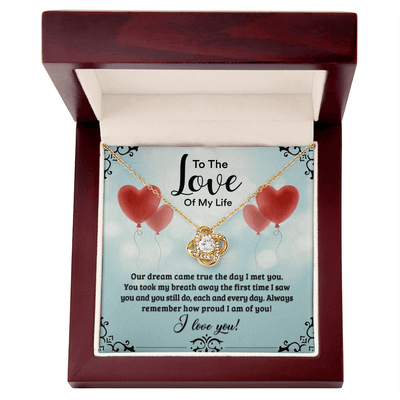 A heartfelt letter expressing love, featuring phrases like "To The Love Of My Life," and "I love you!" Decorated with a heart design, suitable for Valentine's Day.