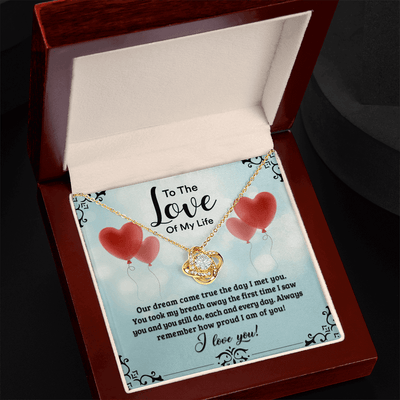 A heartfelt letter expressing love, featuring phrases like "To The Love Of My Life," and "I love you!" Decorated with a heart design, suitable for Valentine's Day.