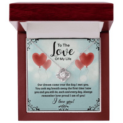 A heartfelt letter expressing love, featuring phrases like "To The Love Of My Life," and "I love you!" Decorated with a heart design, suitable for Valentine's Day.